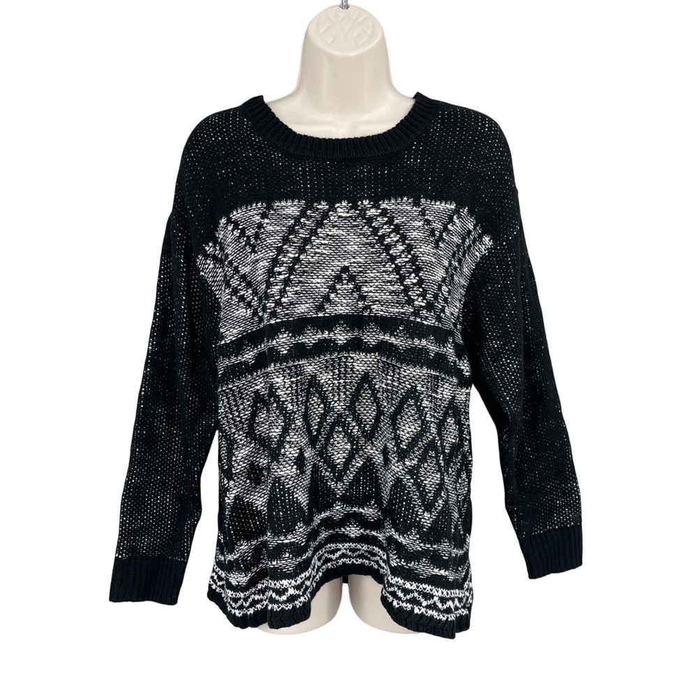 Karen Hart Sweater Women Boho Tribal Textured Winter Geometric Knit Size L Black